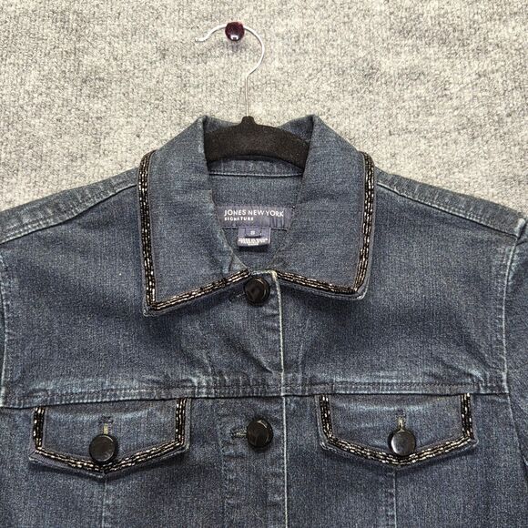 Jones New York Jacket Womens Small Blue Denim Beaded Button Up Pockets Signature - Picture 2 of 13